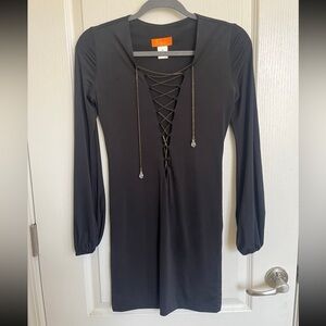 Black Body Con Long Sleeve Dress With Crystal Chain Cross Lace Neck Detailing